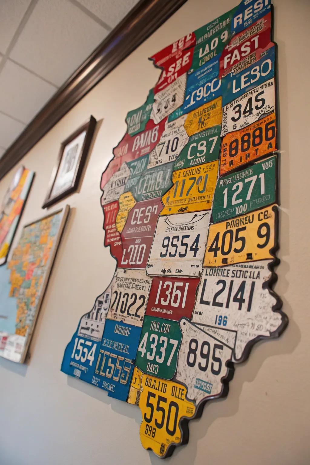 A creative map of a state made from license plates celebrates local pride.