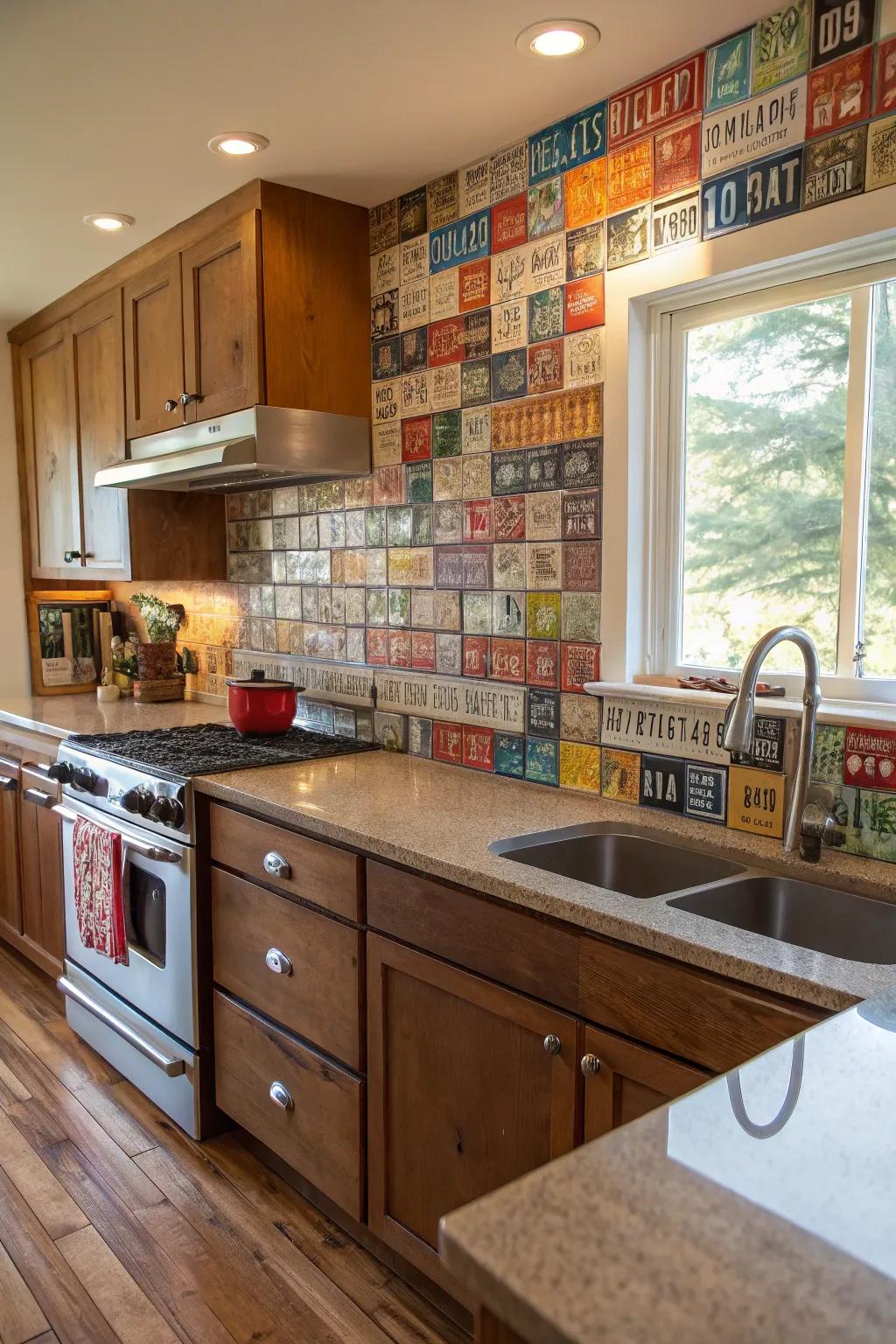 A kitchen backsplash made from license plates adds a quirky, fun vibe.