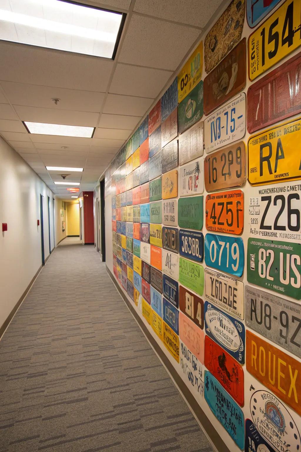 A lively collage of assorted license plates enlivens a hallway wall.