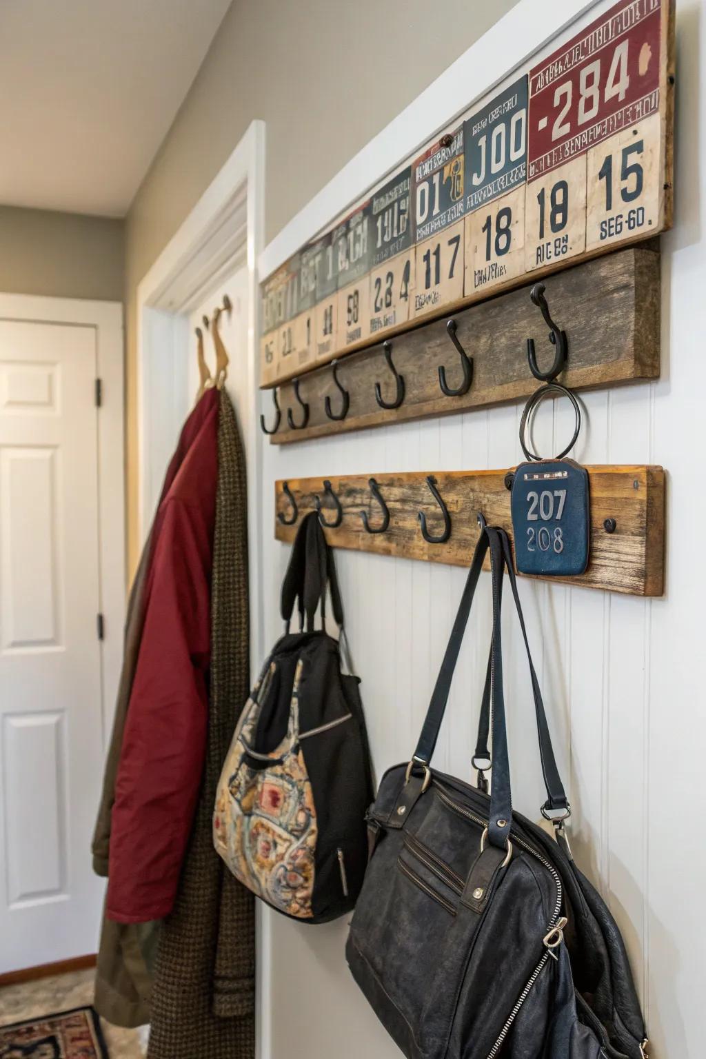 A license plate coat rack combines practicality with vintage style.
