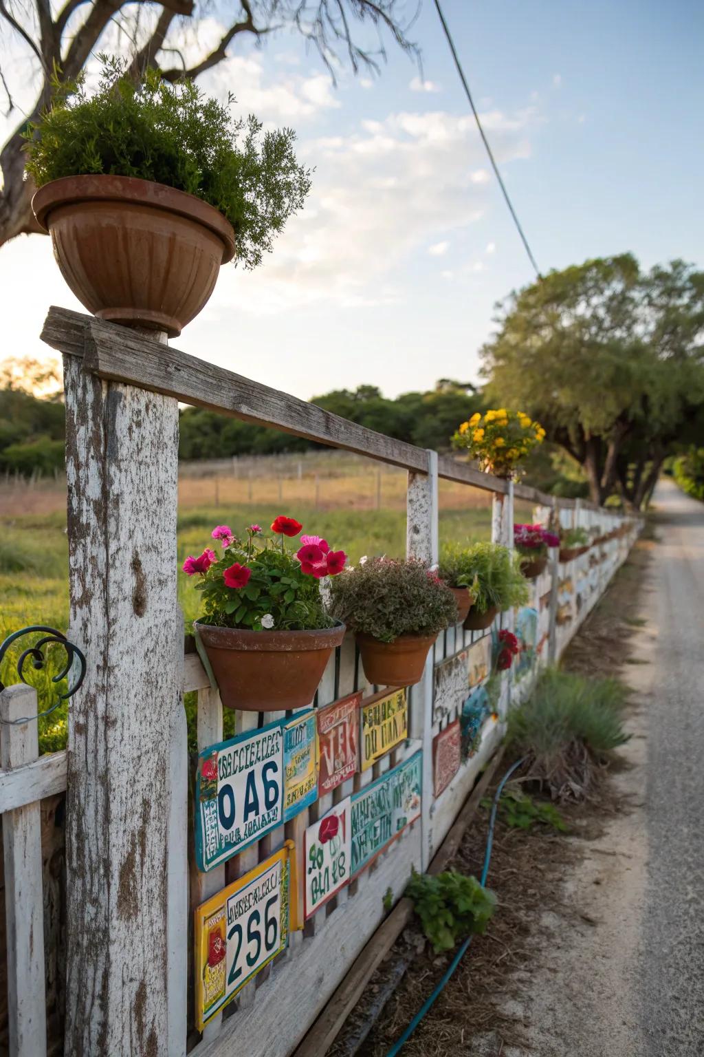 A backyard transformed with a gallery wall of license plates and plants.