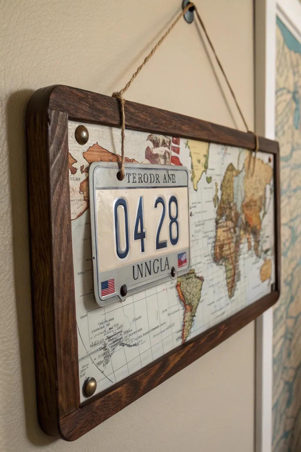 License plates repurposed as frames for artwork create a distinctive look.