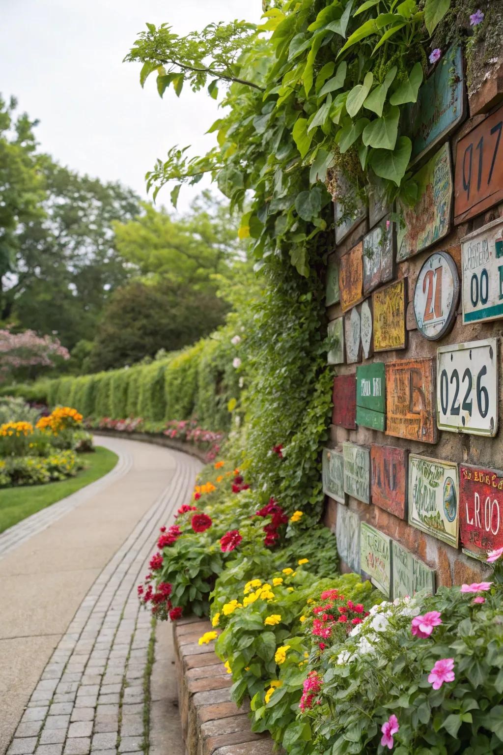 A garden wall made from license plates provides a vibrant backdrop for plants.