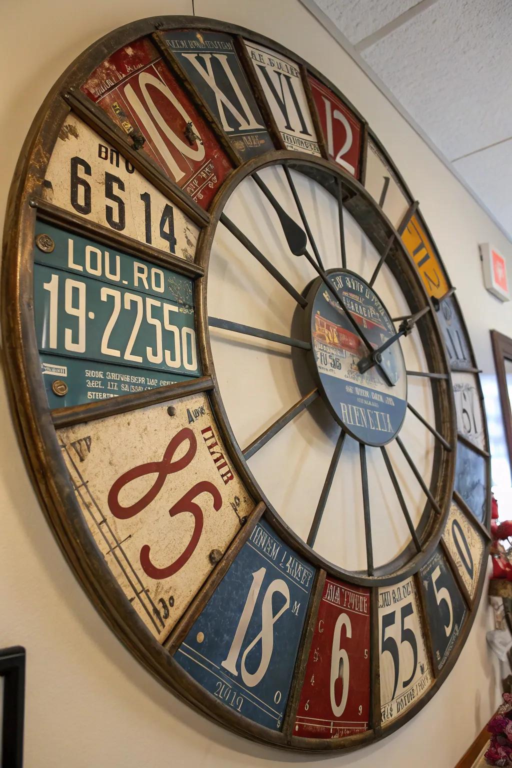 A wall clock made from license plates combines utility with vintage charm.