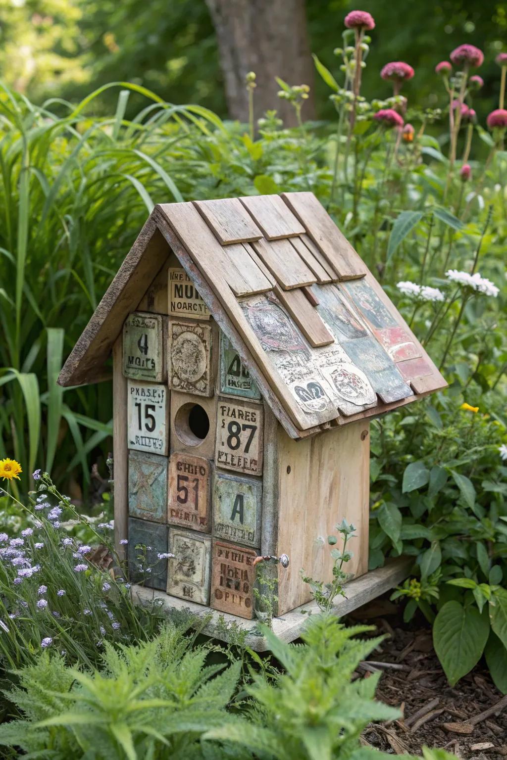 A birdhouse adorned with license plates adds character to the garden.