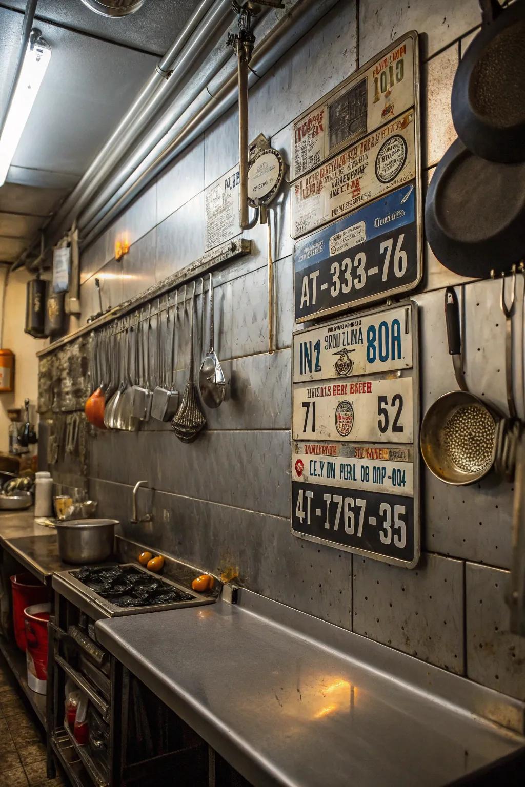An industrial chic wall featuring license plates and metal accents.