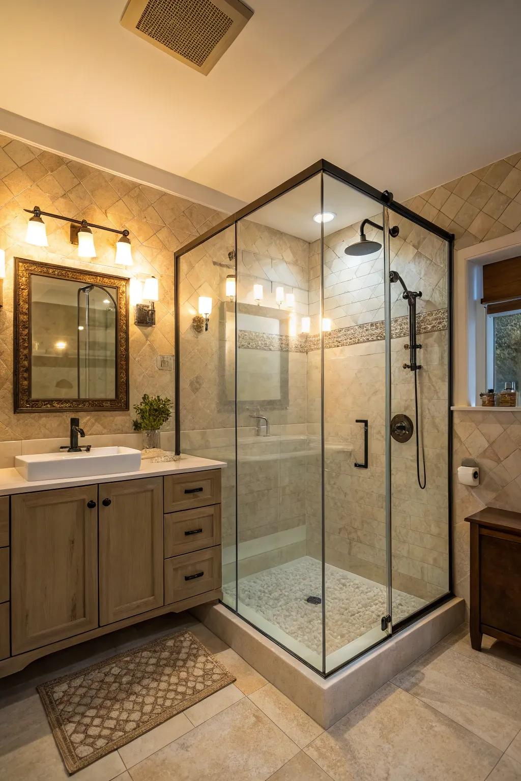 Dramatic lighting above glass showers creates a captivating focal point.