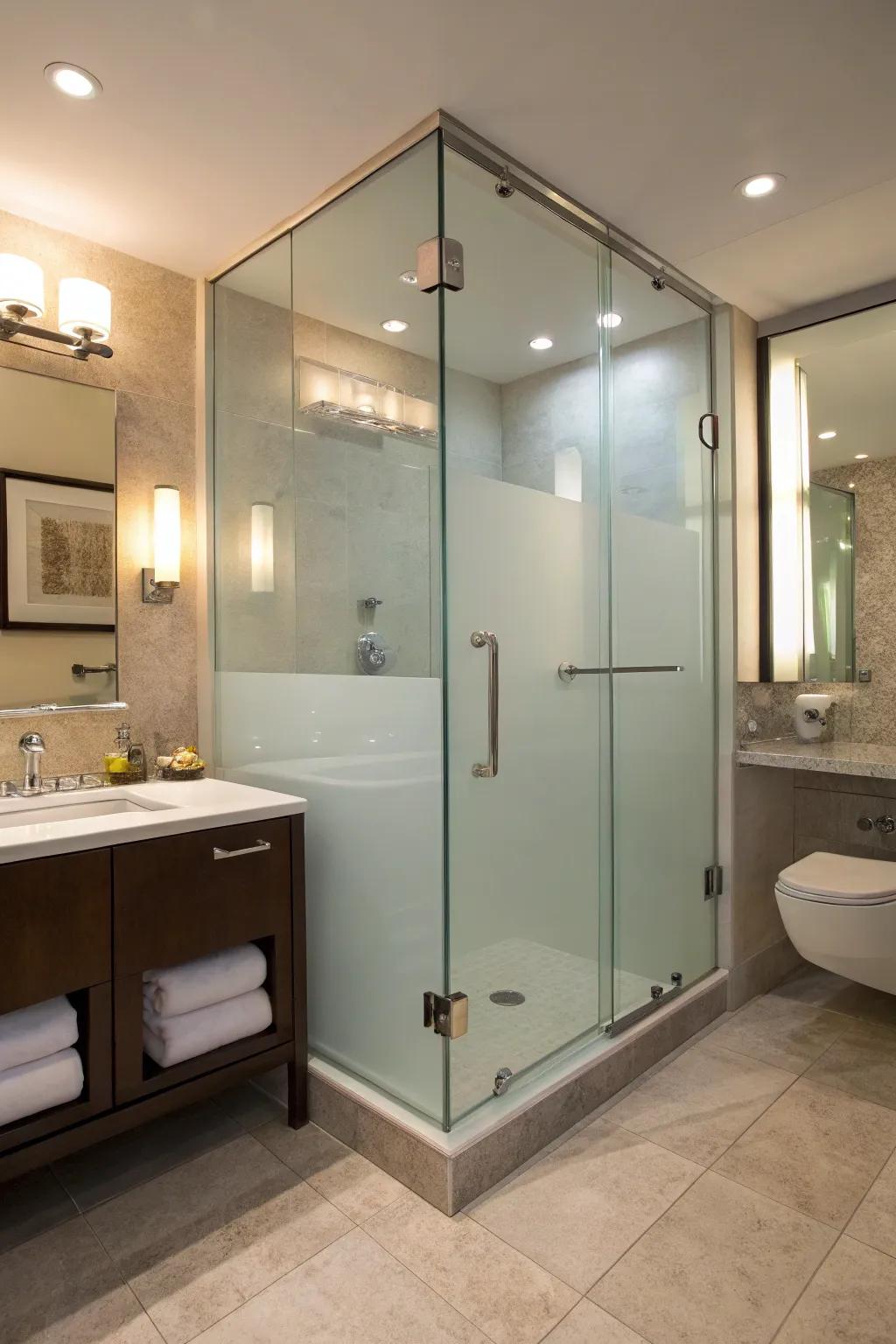 Frosted glass balances privacy and modern aesthetics in showers.
