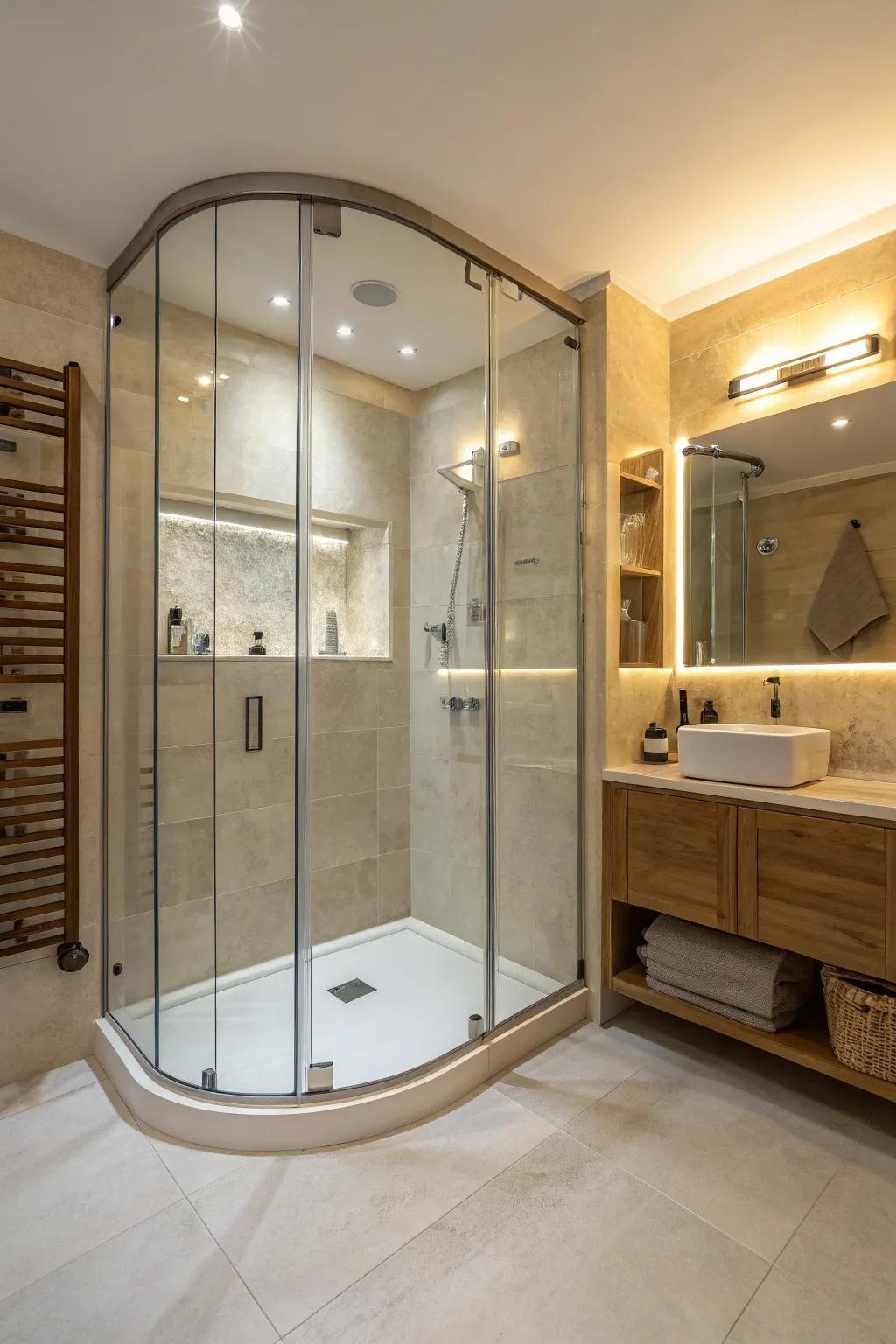 Curved glass showers add a graceful, flowing element to bathroom design.