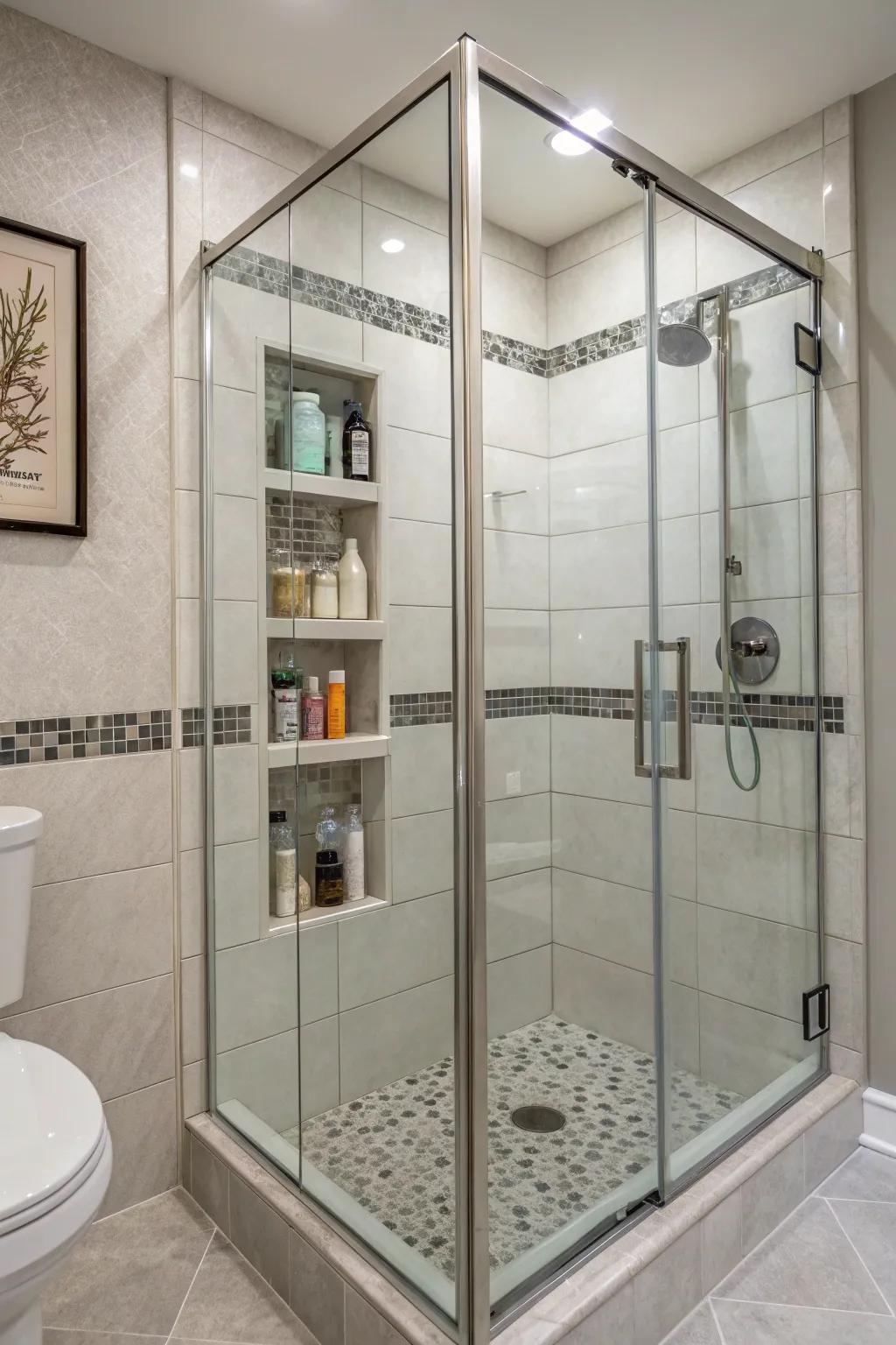 Built-in niches provide practical storage while maintaining sleek shower design.