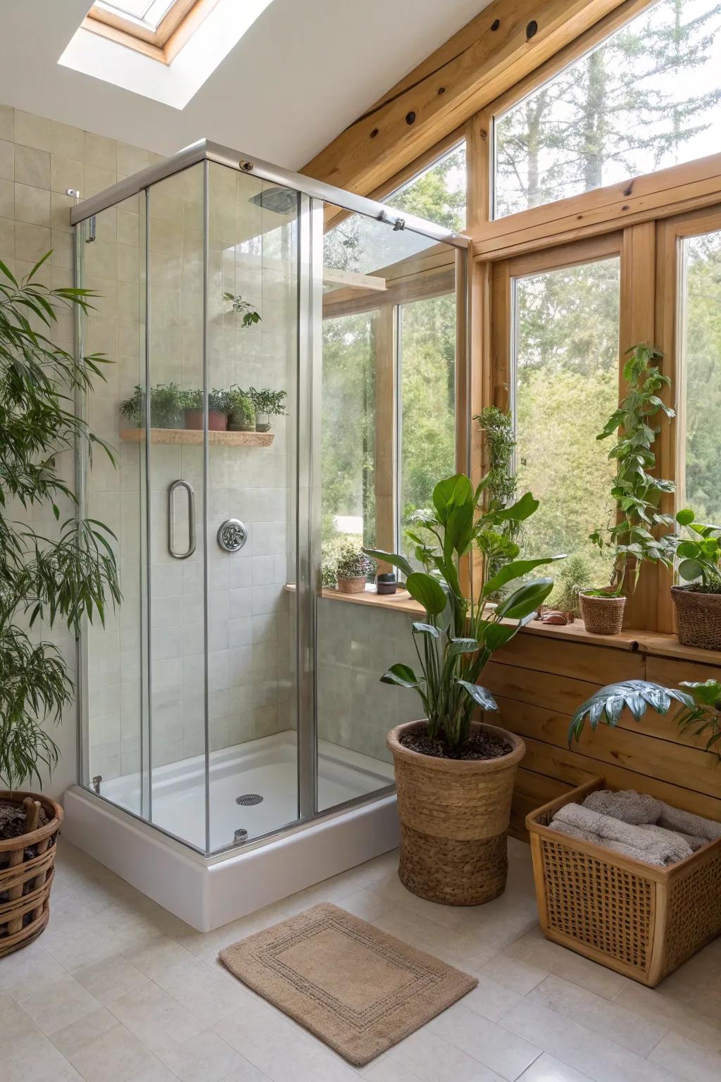 Indoor plants introduce freshness and vitality to bathroom interiors.