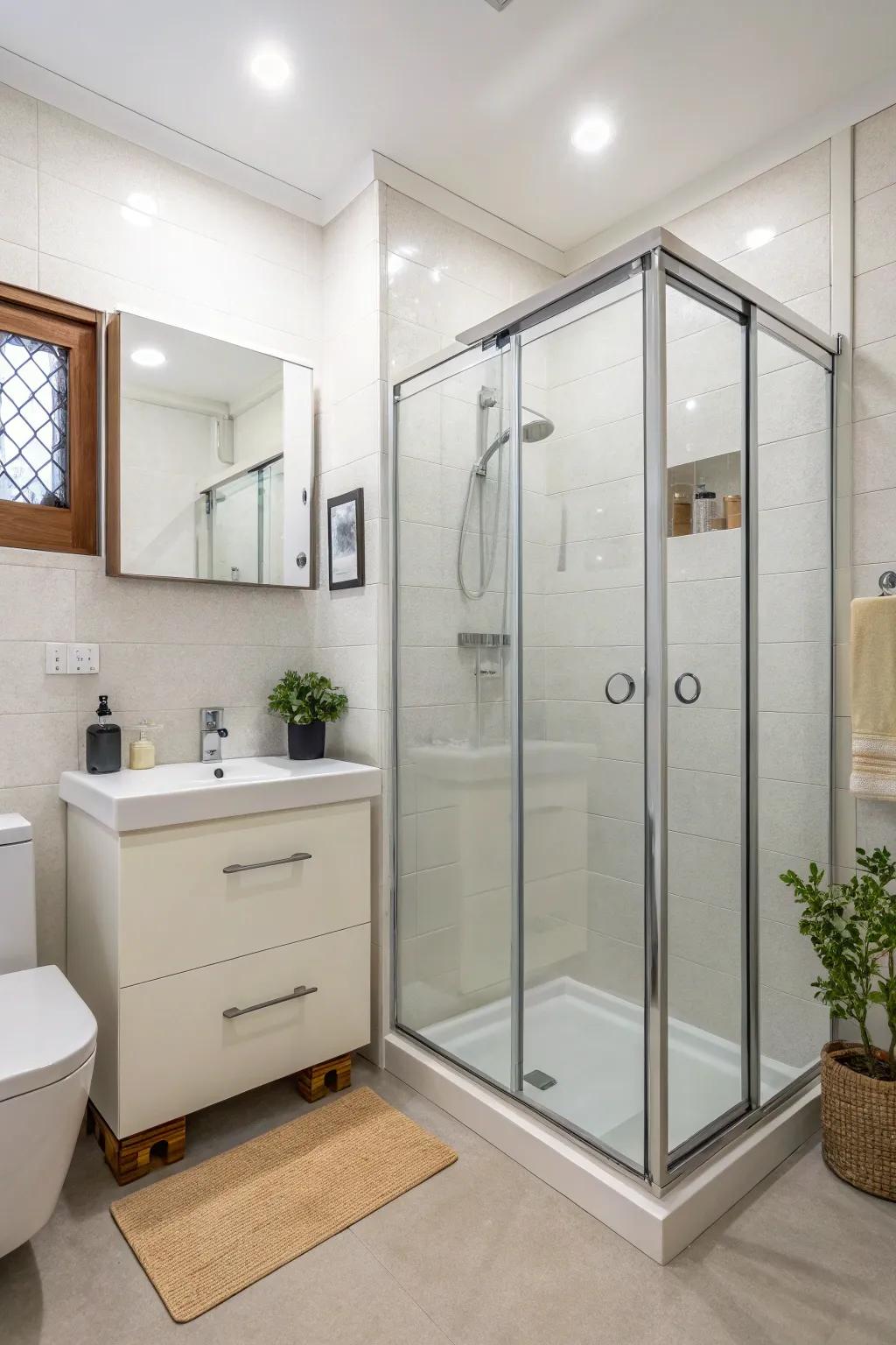Sliding glass doors save space and add modern flair to compact bathrooms.