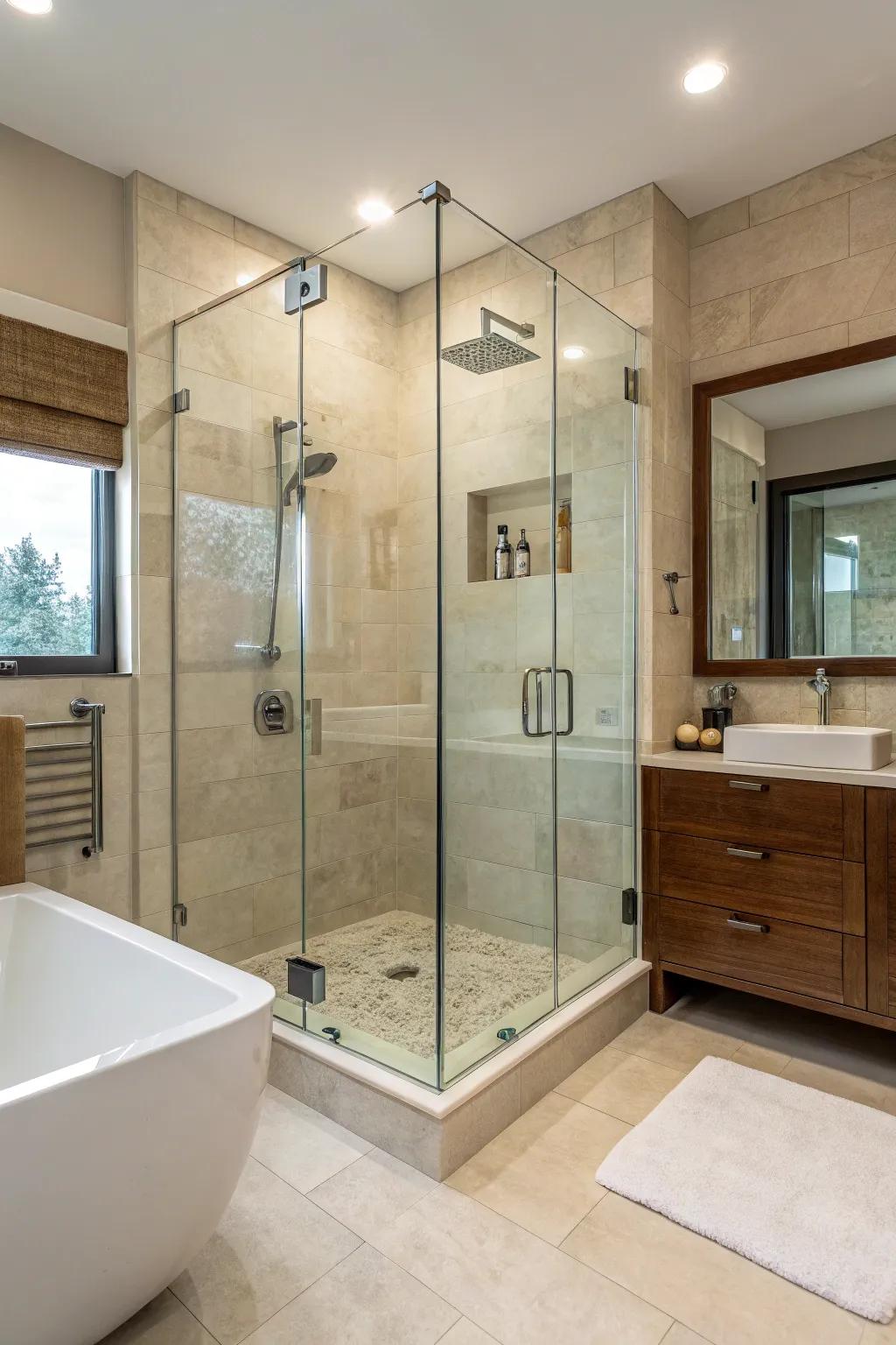 Frameless glass showers create an open, airy atmosphere in bathrooms.