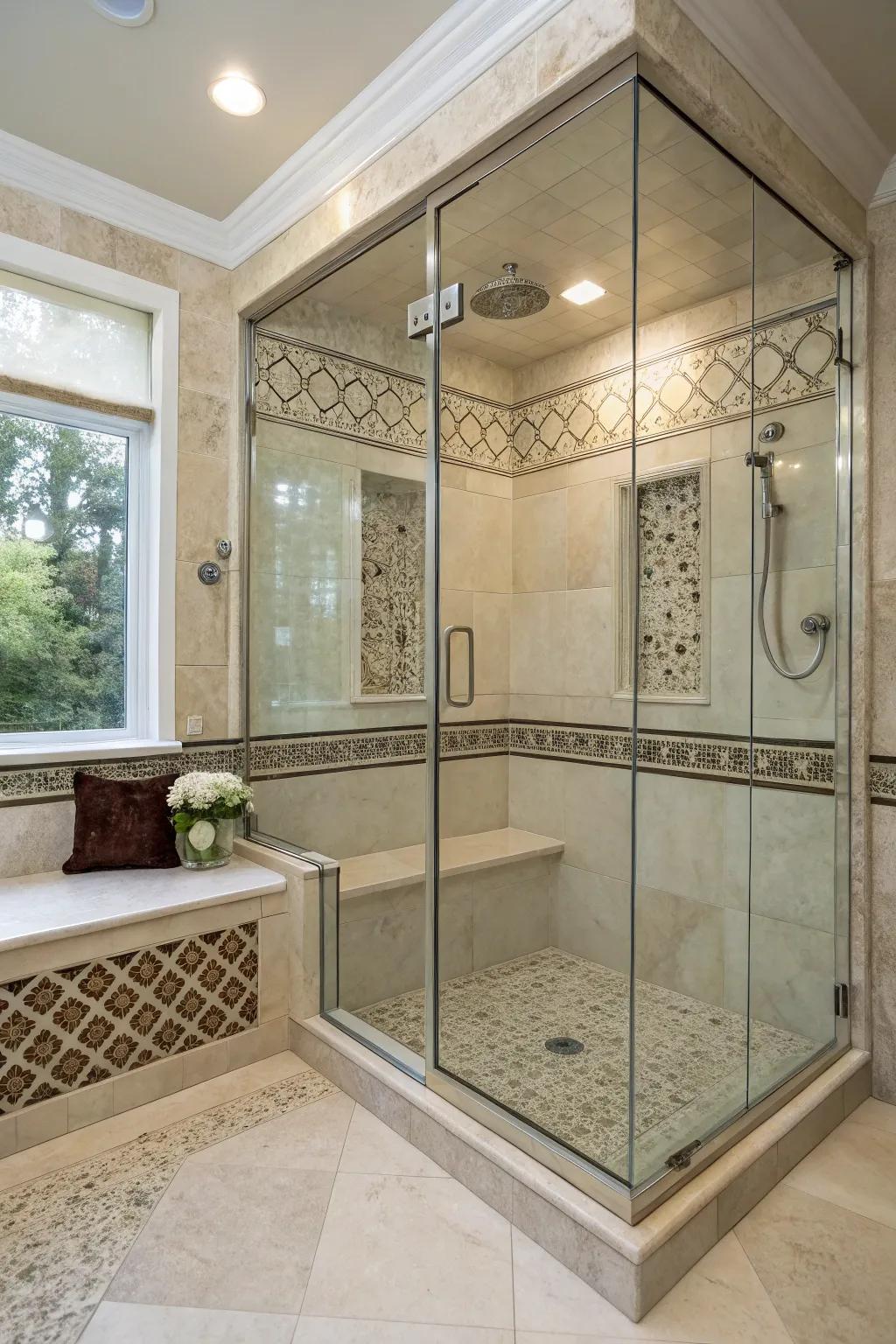 Built-in benches provide comfort and practicality in shower spaces.
