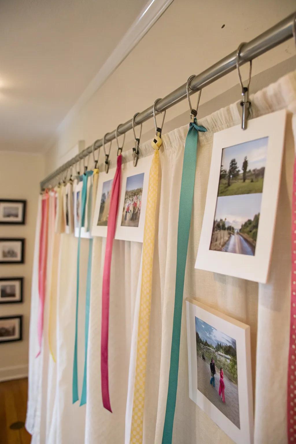 Sophisticated picture hanging using curtain rods paired with ribbons.