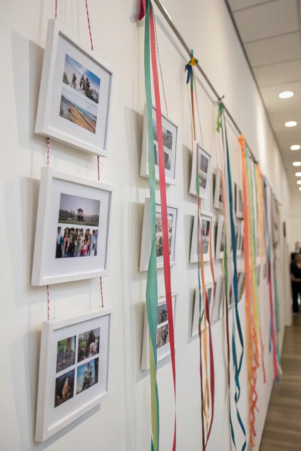Vibrant photo arrangement featuring ribbons of varying lengths layered dynamically.