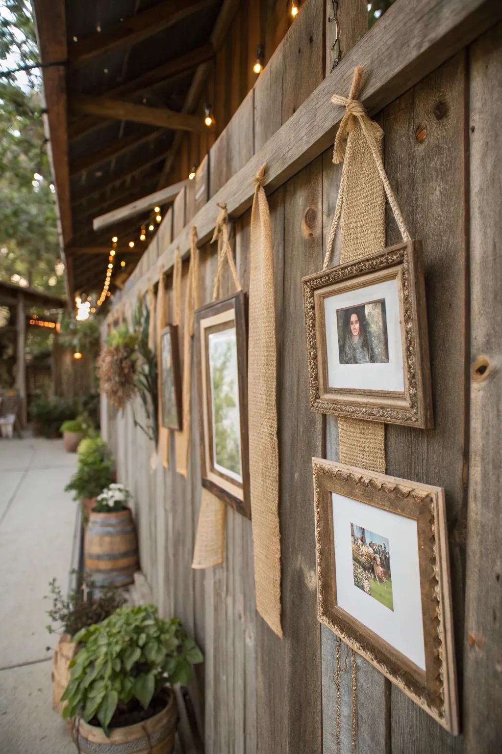 Vintage frames suspended with burlap ribbons for a rustic aesthetic.