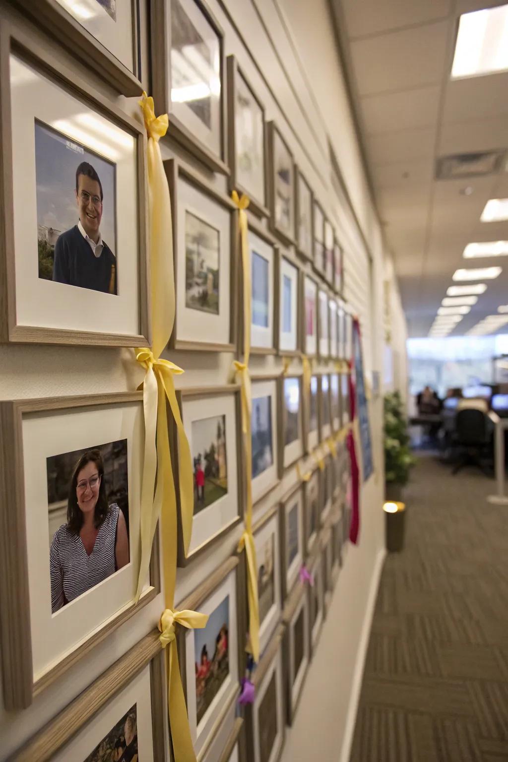 Office wall showcasing a neat picture grid connected with stylish ribbons.