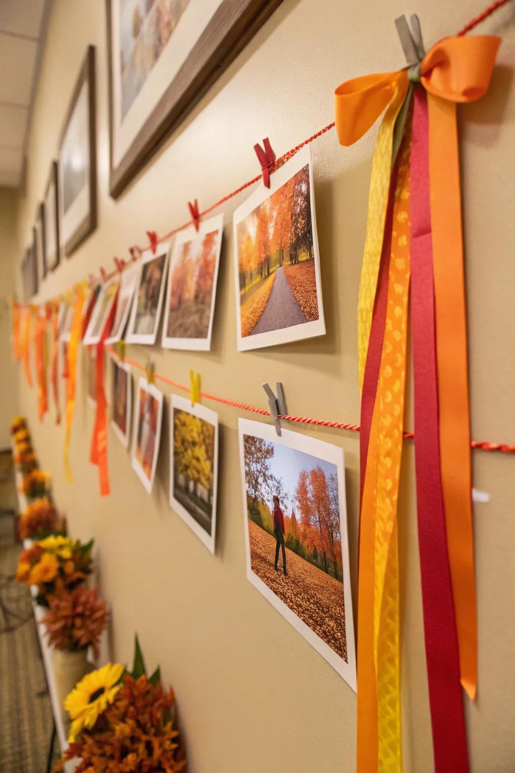 Seasonal picture display enhanced with autumn-colored ribbons.