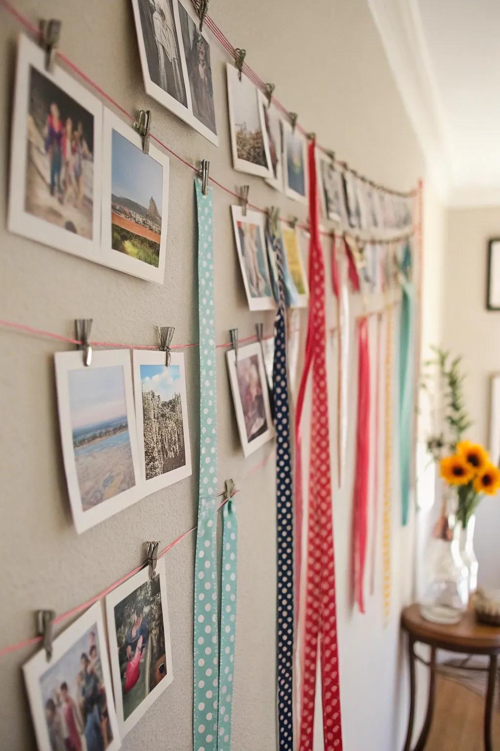 Playful and eclectic picture display featuring a variety of ribbon styles and colors.