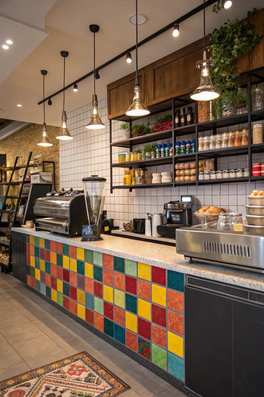 Colorful backsplash adding flair to a cafe kitchen.
