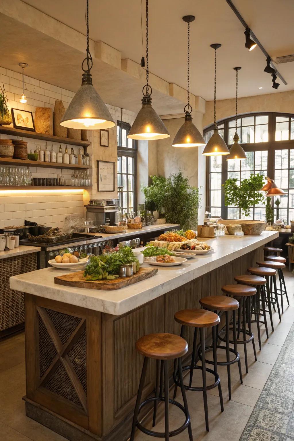 Central kitchen island fostering social interaction in a cafe kitchen.