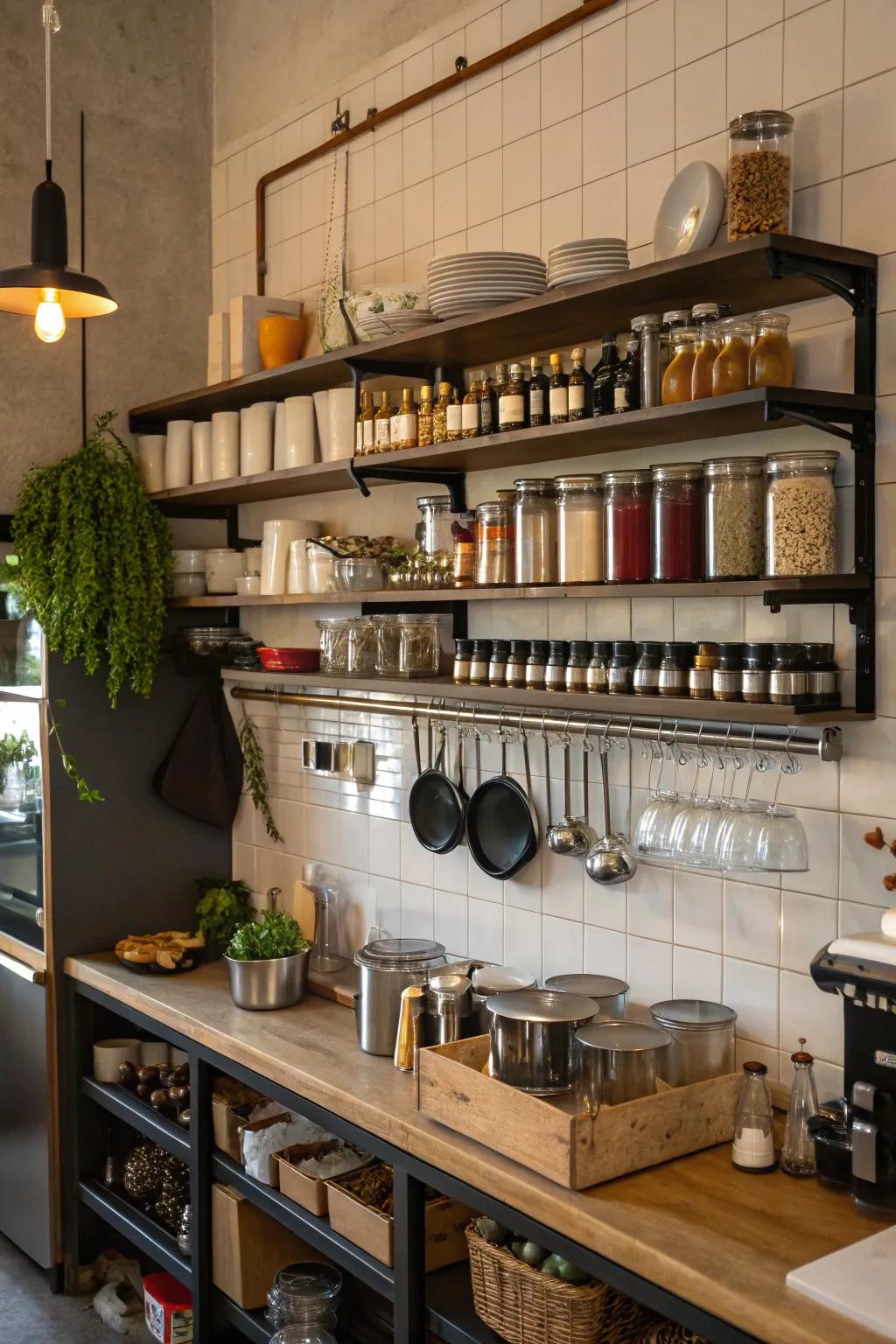 Vertical storage solutions in a cafe kitchen.