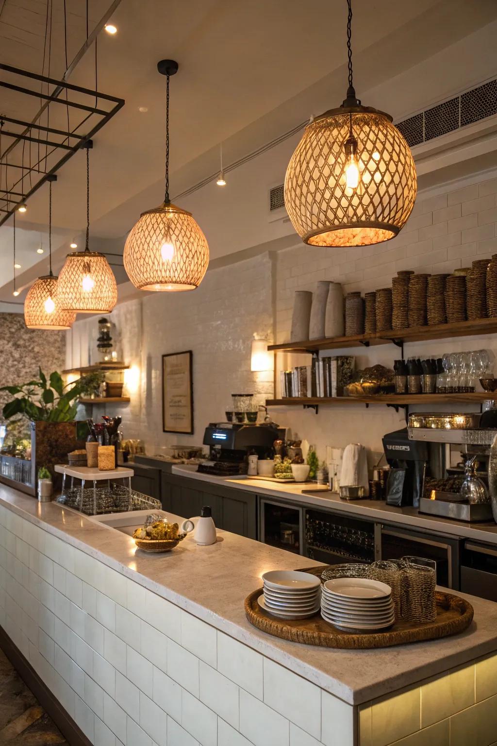 Unique lighting fixtures adding warmth to a cafe kitchen.