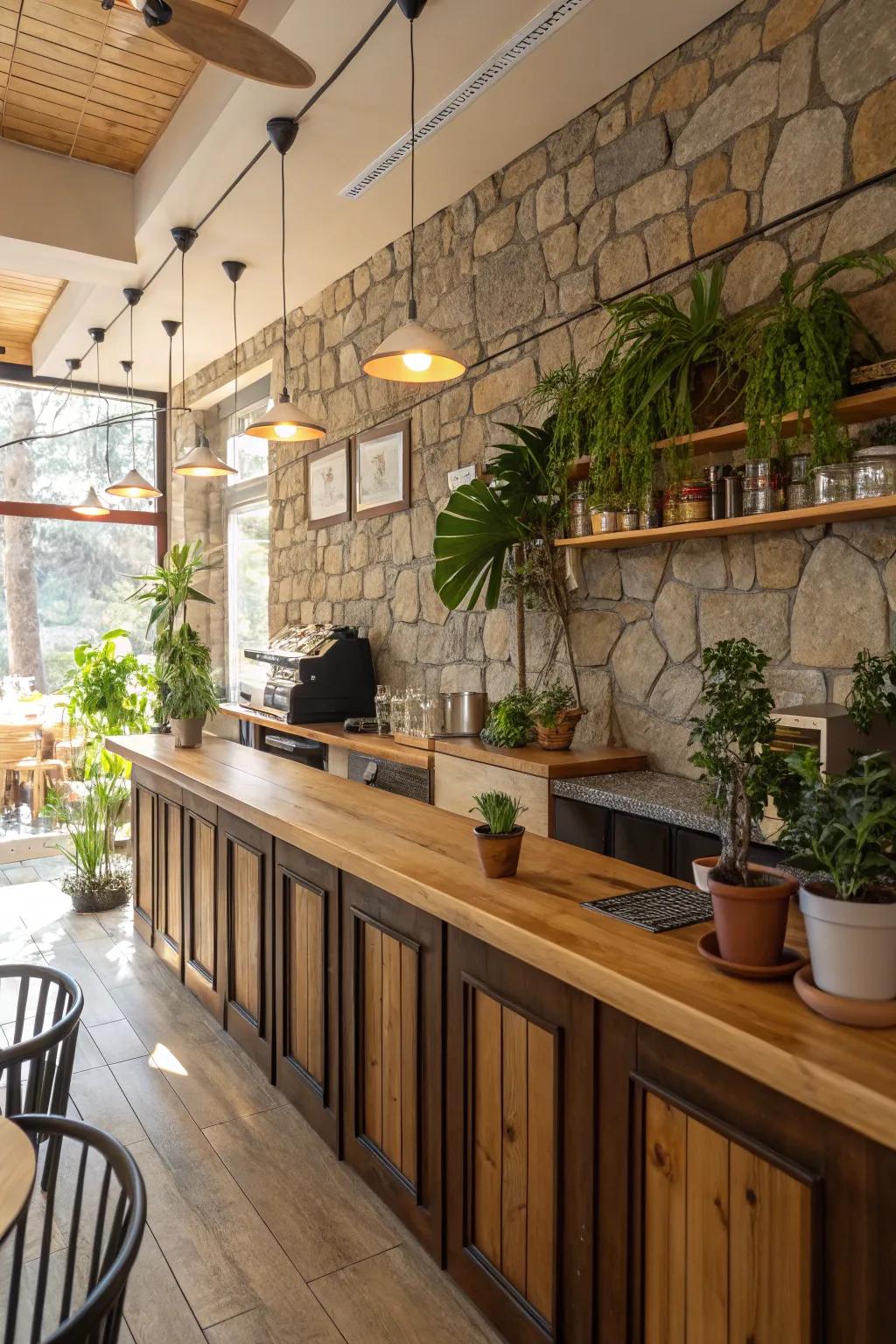 Natural materials creating a cozy cafe kitchen atmosphere.