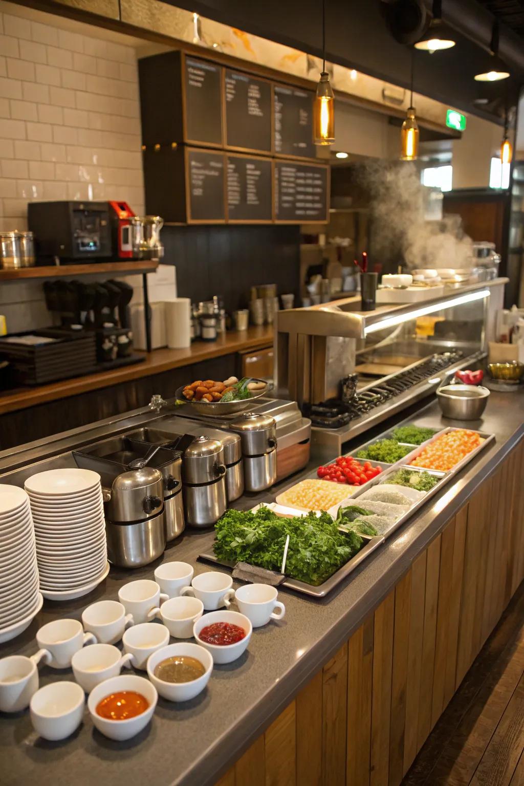 Zoned cafe kitchen layout for efficient cooking and serving.