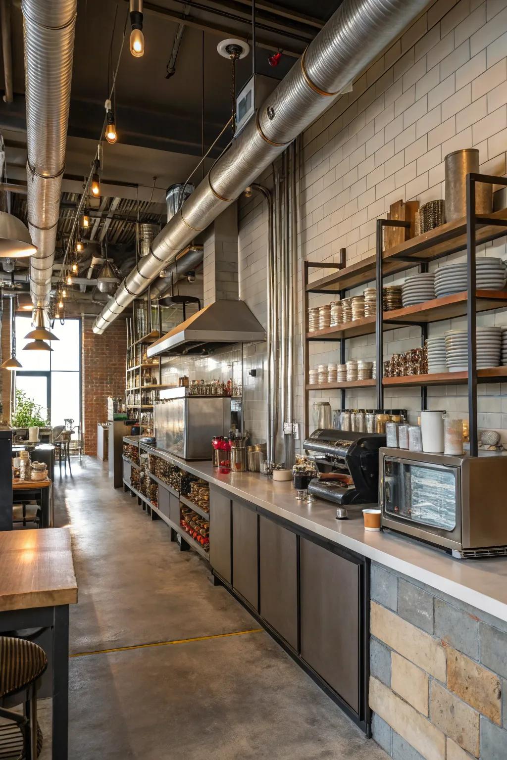 Industrial design elements adding modern style to a cafe kitchen.