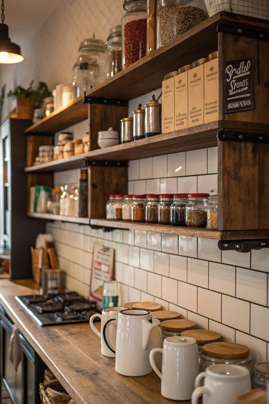 Open shelves showcasing kitchenware in a cafe kitchen.