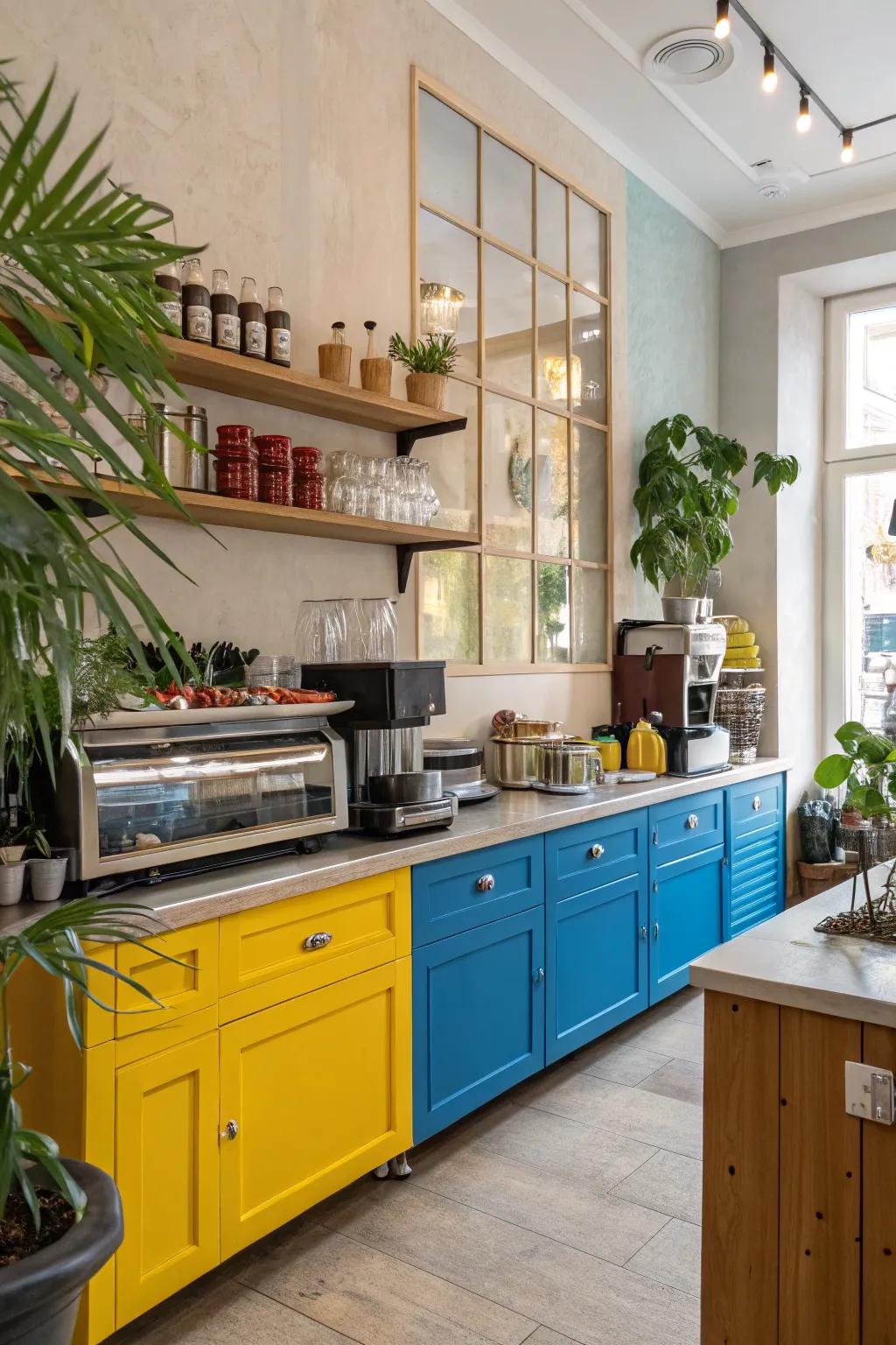 Bright colors energizing a cafe kitchen space.