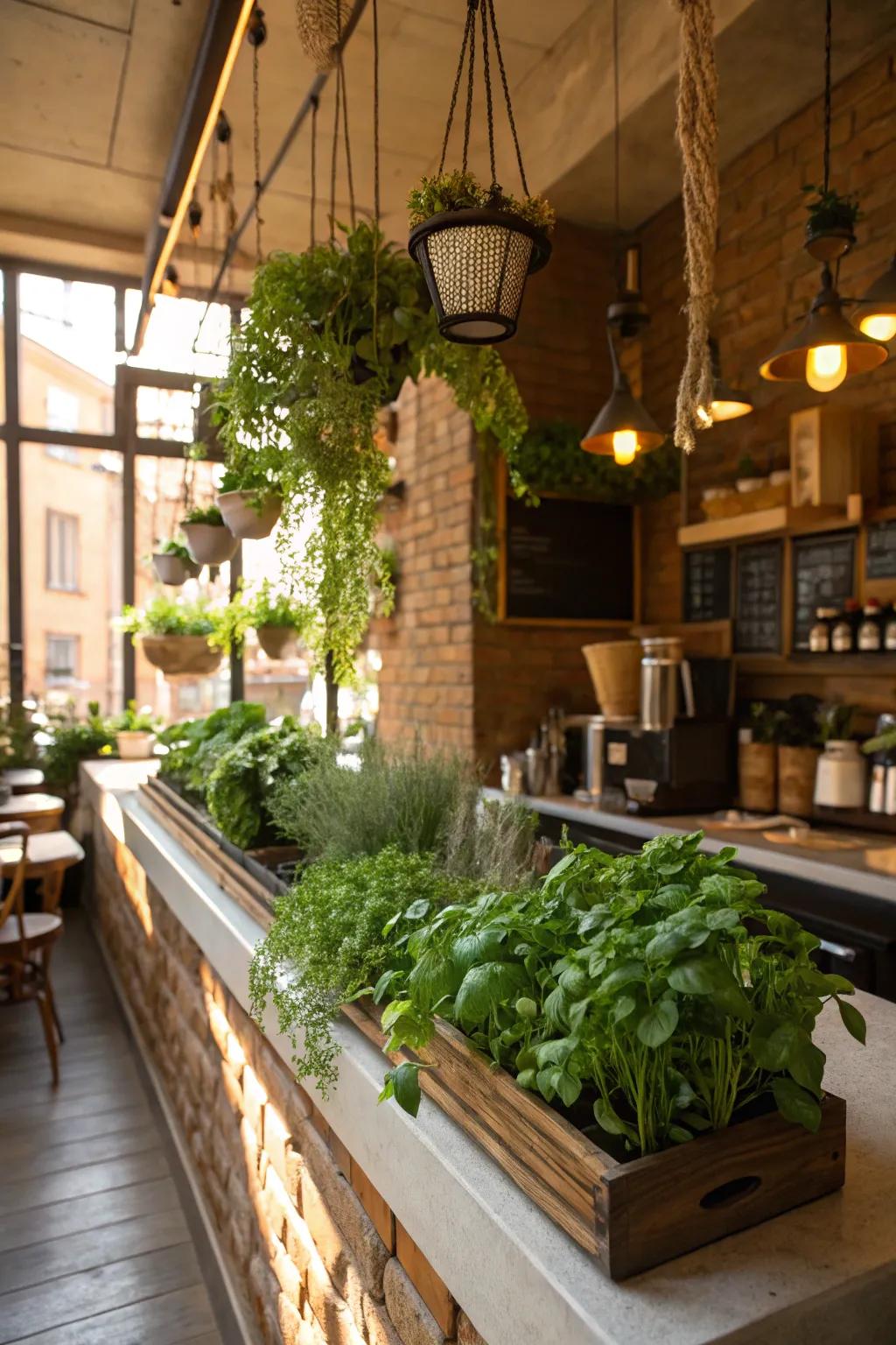 Indoor plants adding freshness to a cafe kitchen.