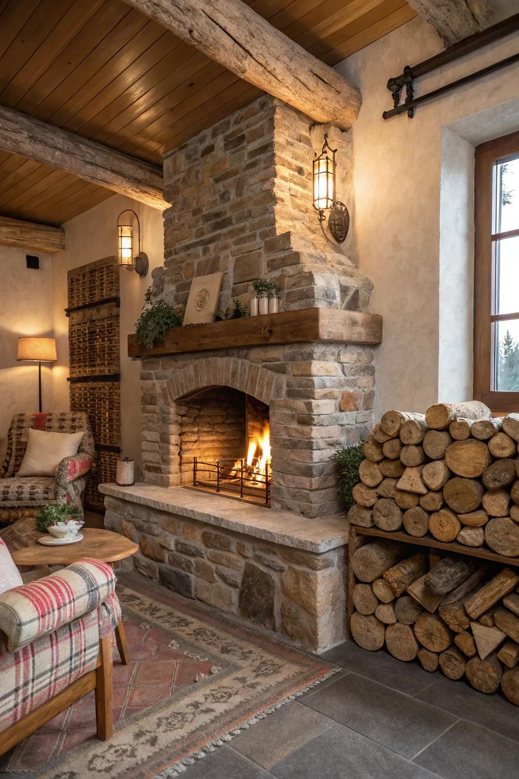 Firewood storage integrated into rustic fireplace design.