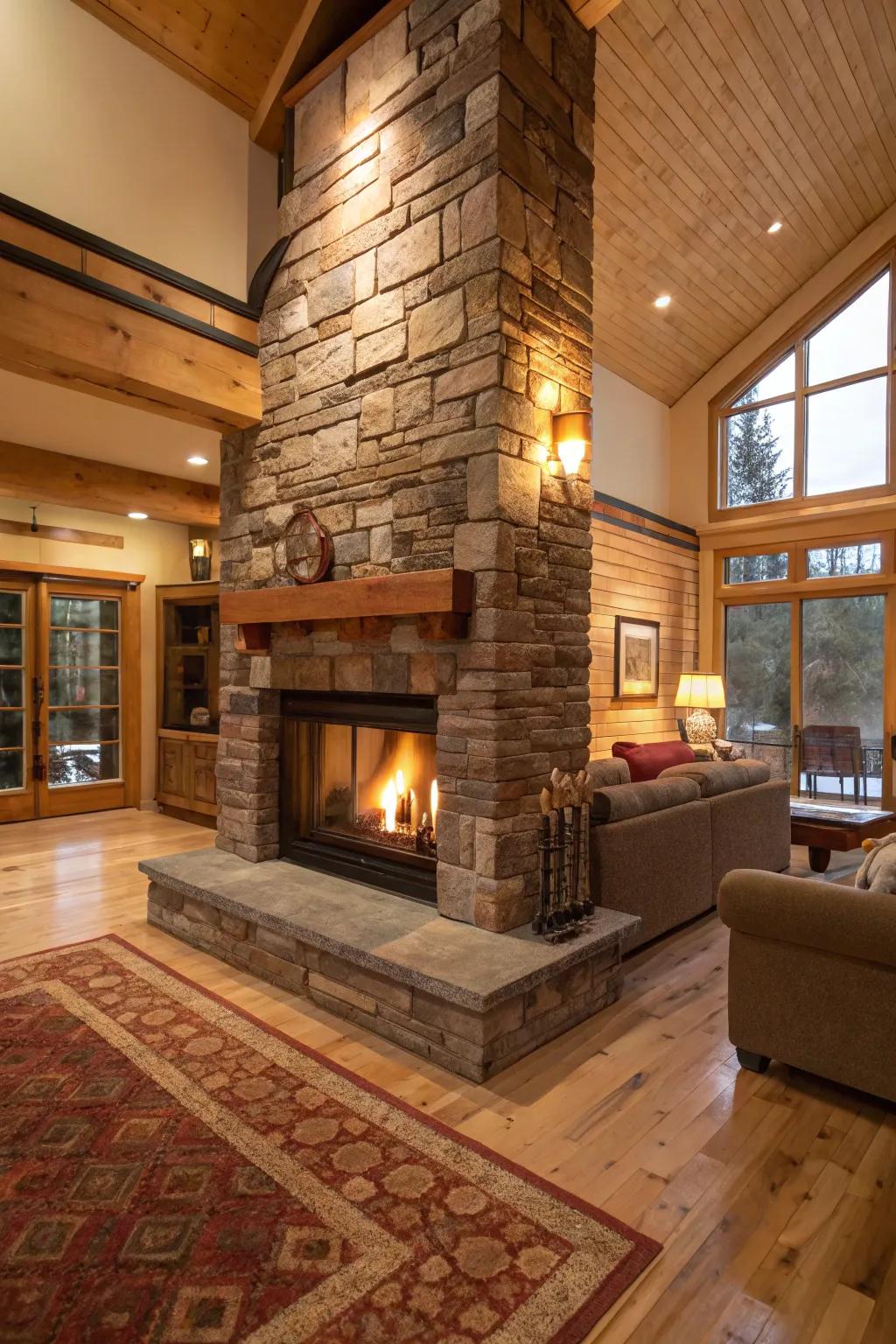 Two-sided fireplace providing warmth and ambiance to adjoining rooms.