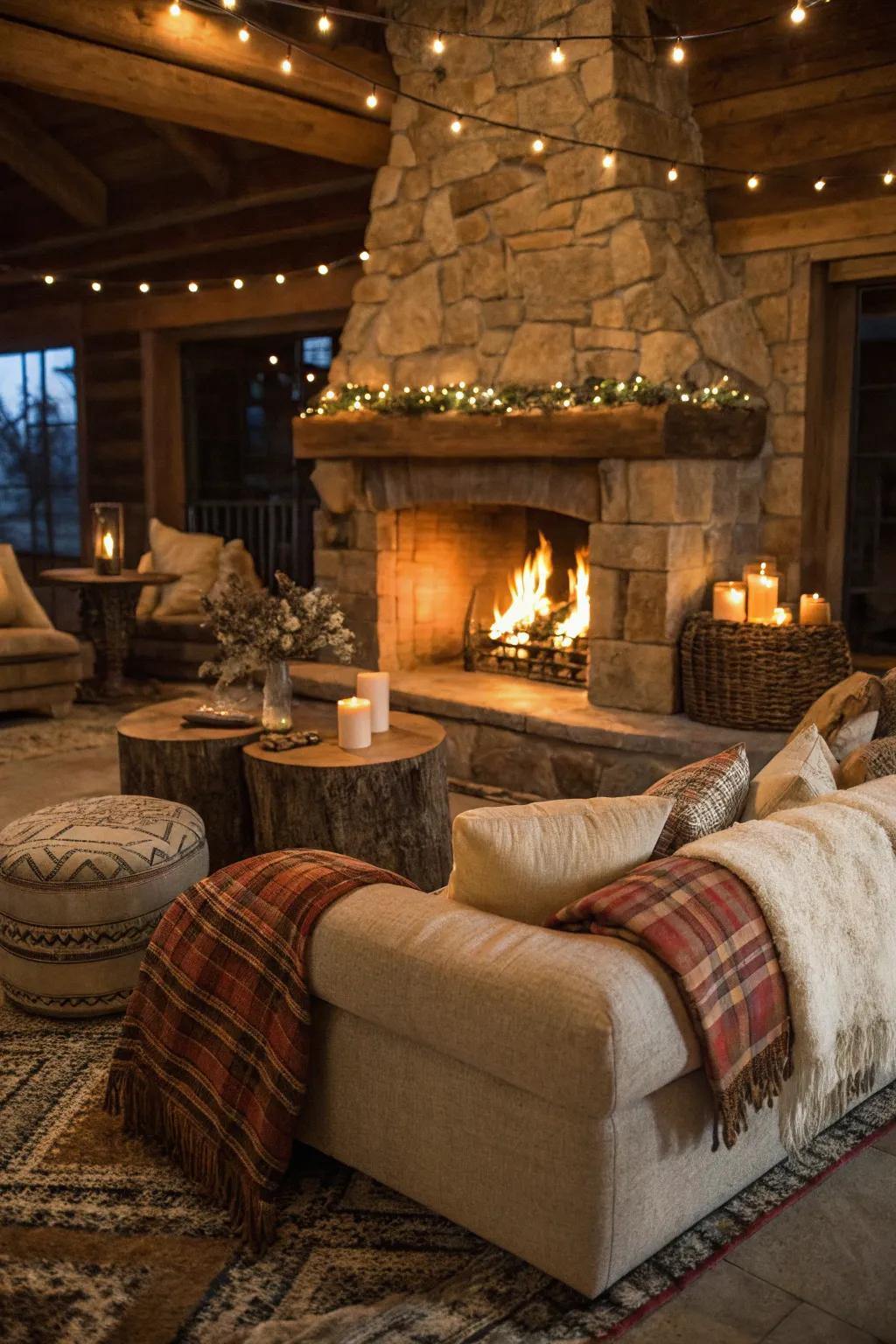 Comfortable plush furniture arranged around rustic fireplace.