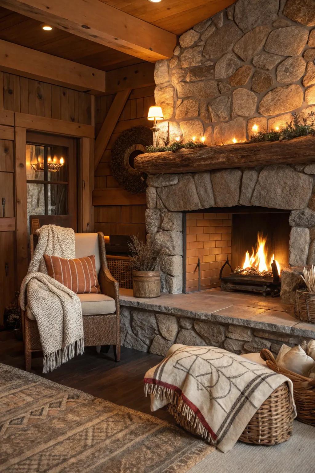 Rustic fireplace complemented by warm earthy tones.
