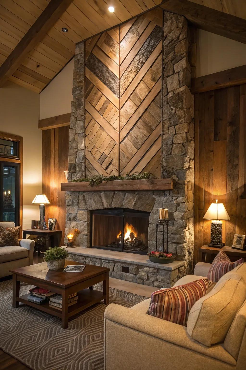 Feature wall with rustic materials framing the fireplace.
