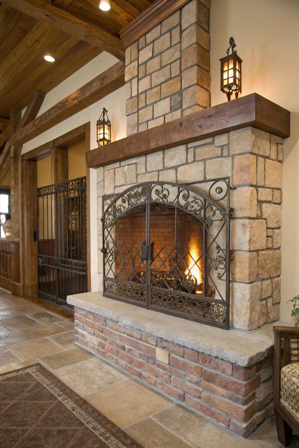 Industrial metal accents complement rustic fireplace design.