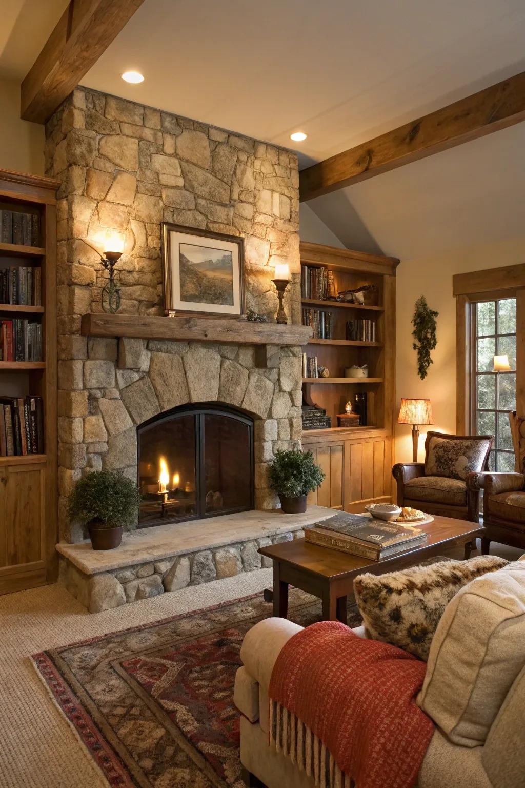 Living room featuring a natural stone fireplace.