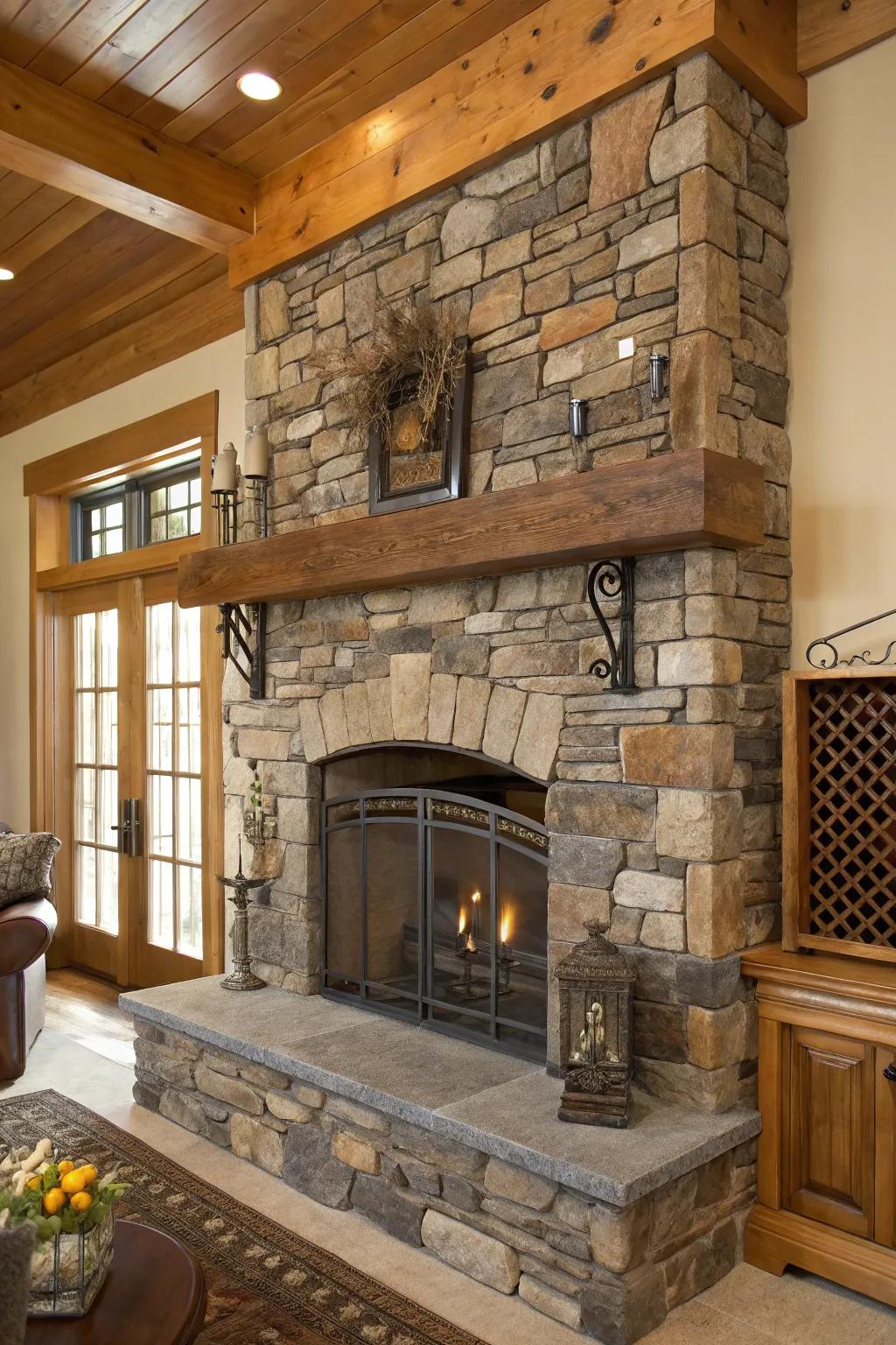 Textured fireplace design using mixed materials.