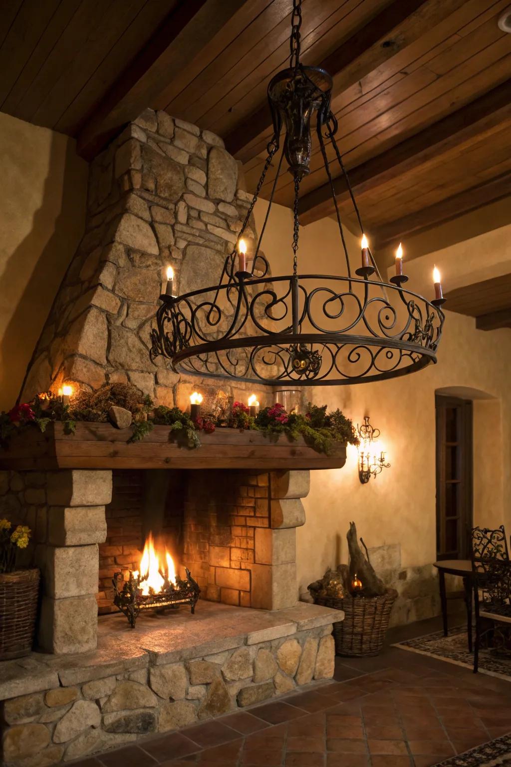 Rustic lighting fixtures enhancing fireplace ambiance.