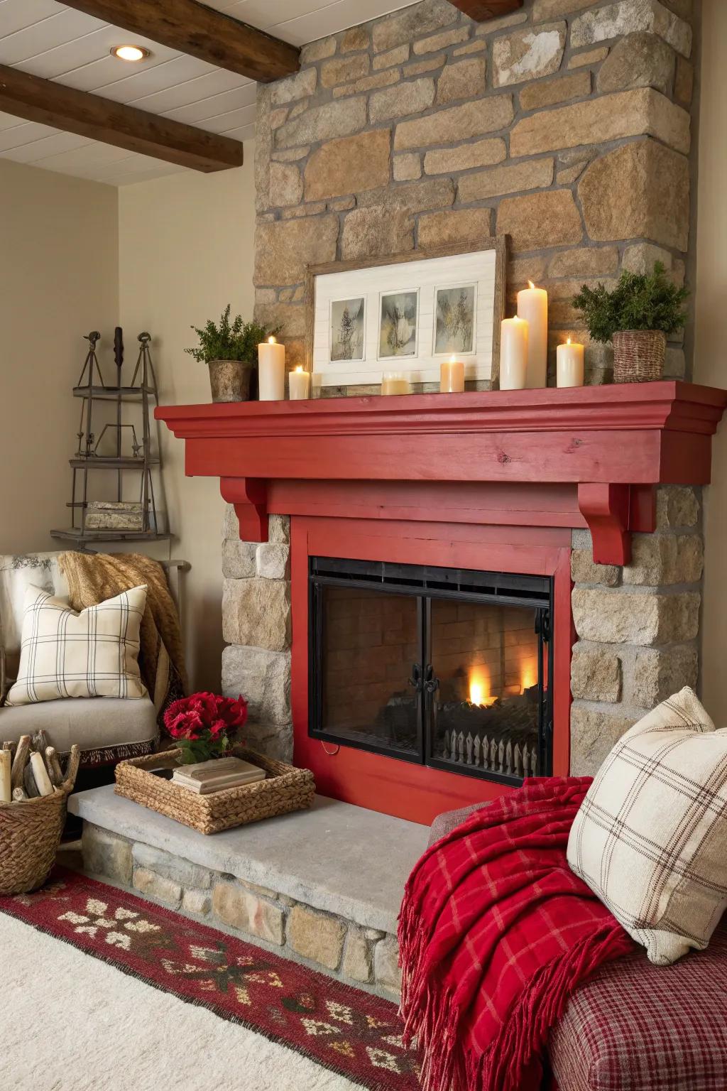 Boldly painted mantel as a focal point in rustic fireplace.