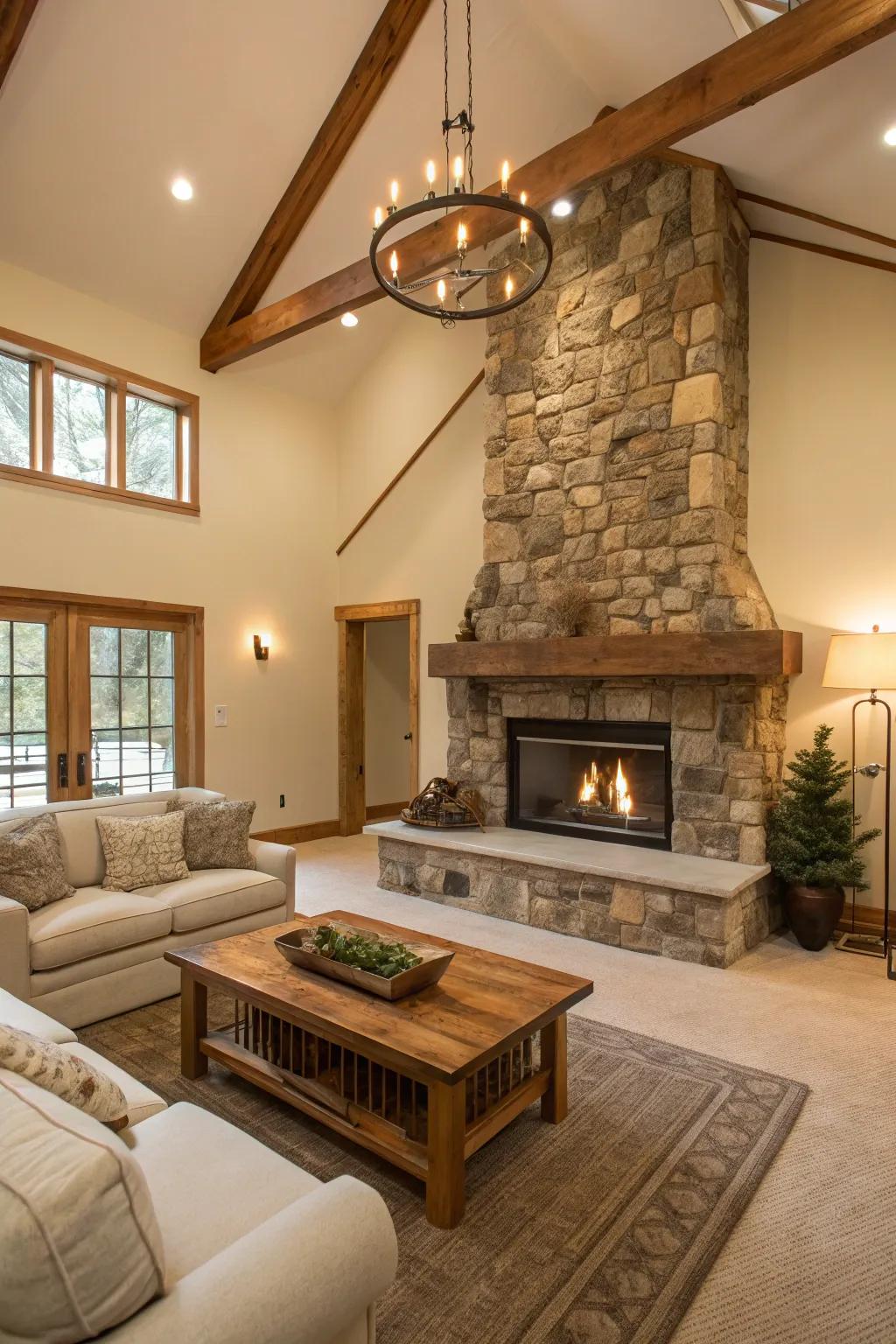 Open living space showcasing rustic fireplace.