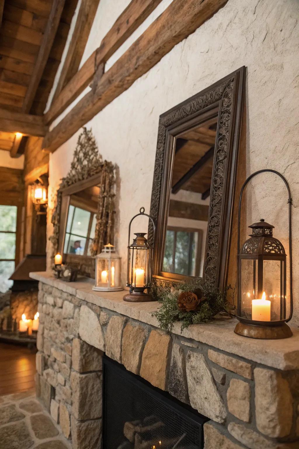 Vintage décor adding character to rustic fireplace.