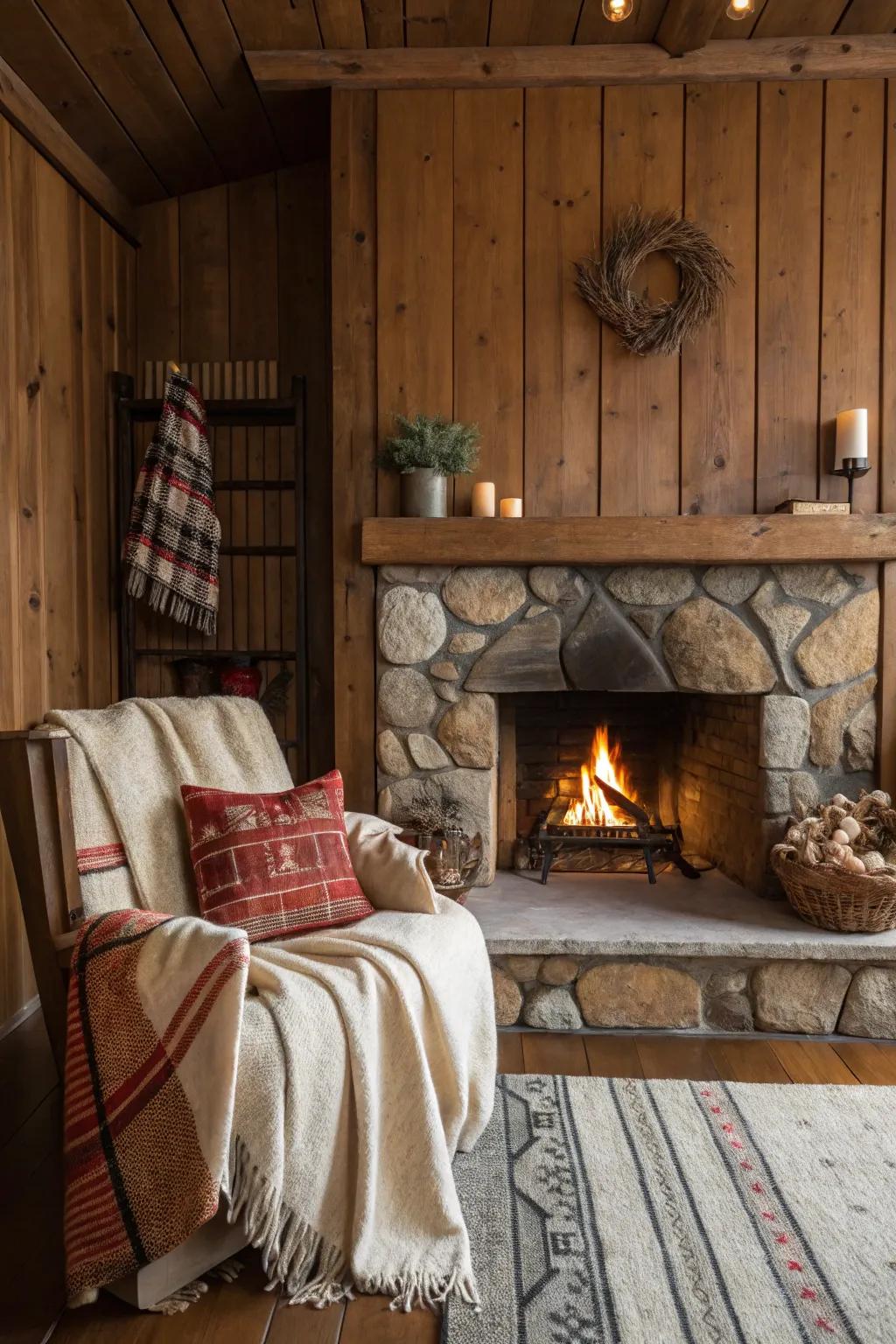 Vertical wood paneling enhancing rustic fireplace height.