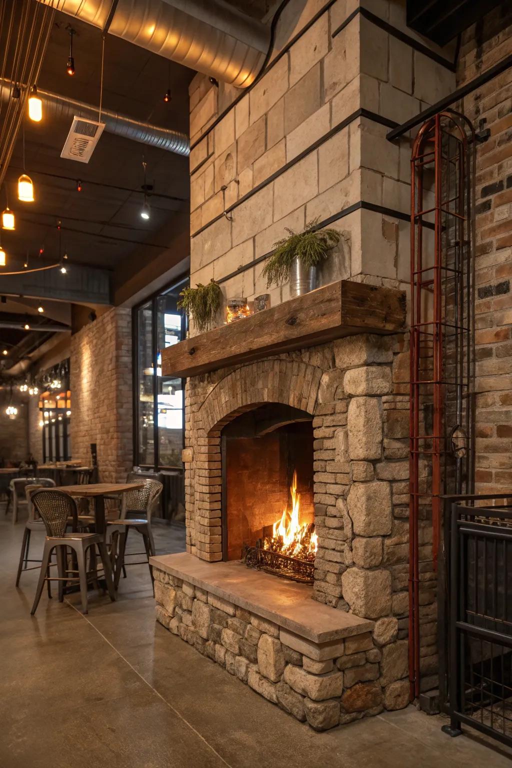 Rustic-industrial fusion fireplace design.