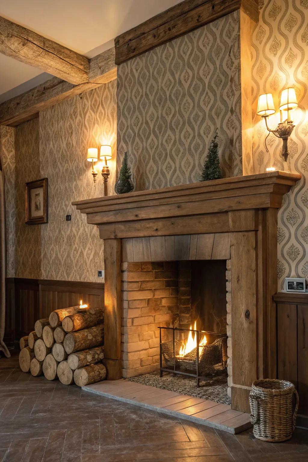 Textured wallpaper enhancing rustic fireplace wall.
