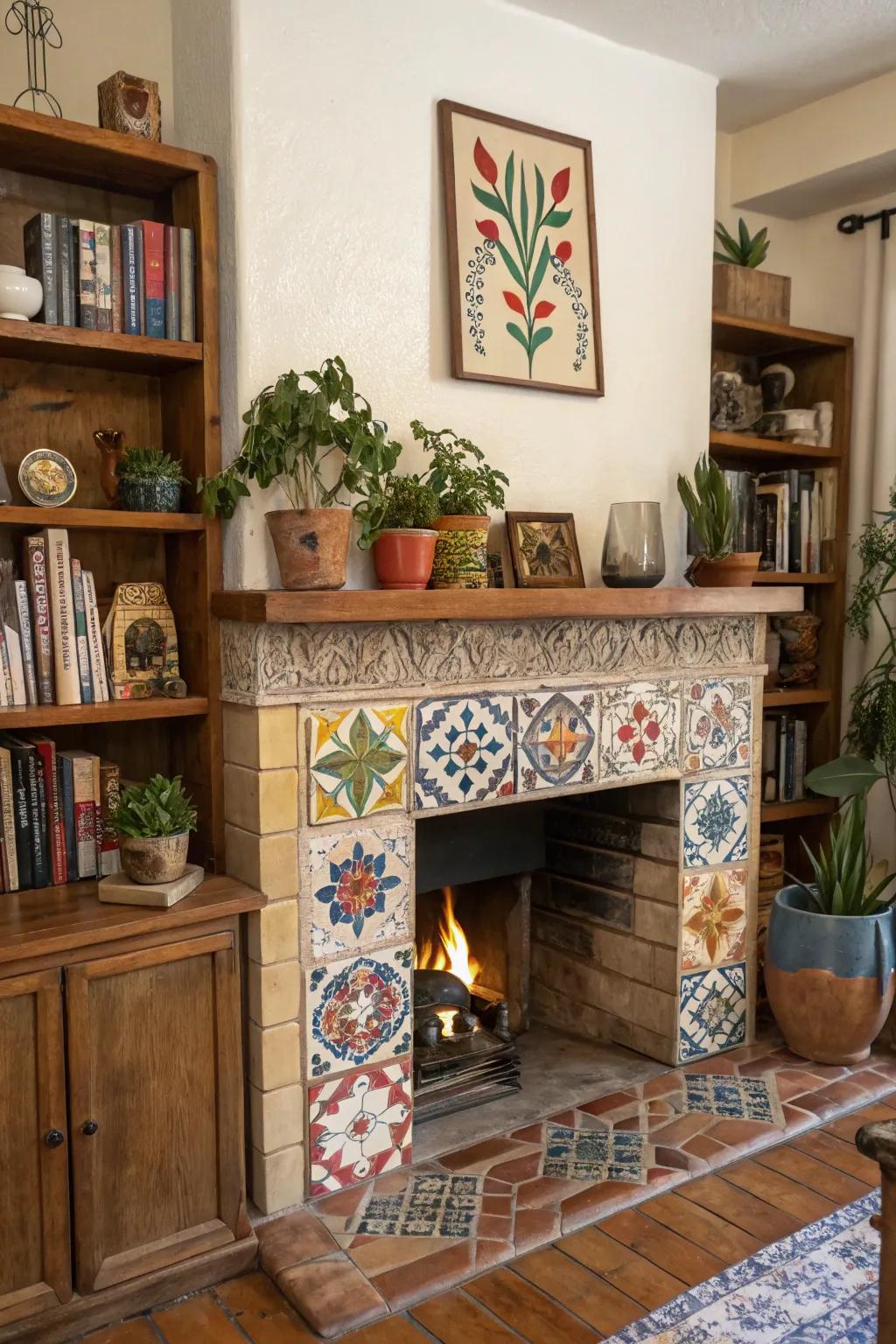 Colorful ceramic tiles decorating rustic fireplace.